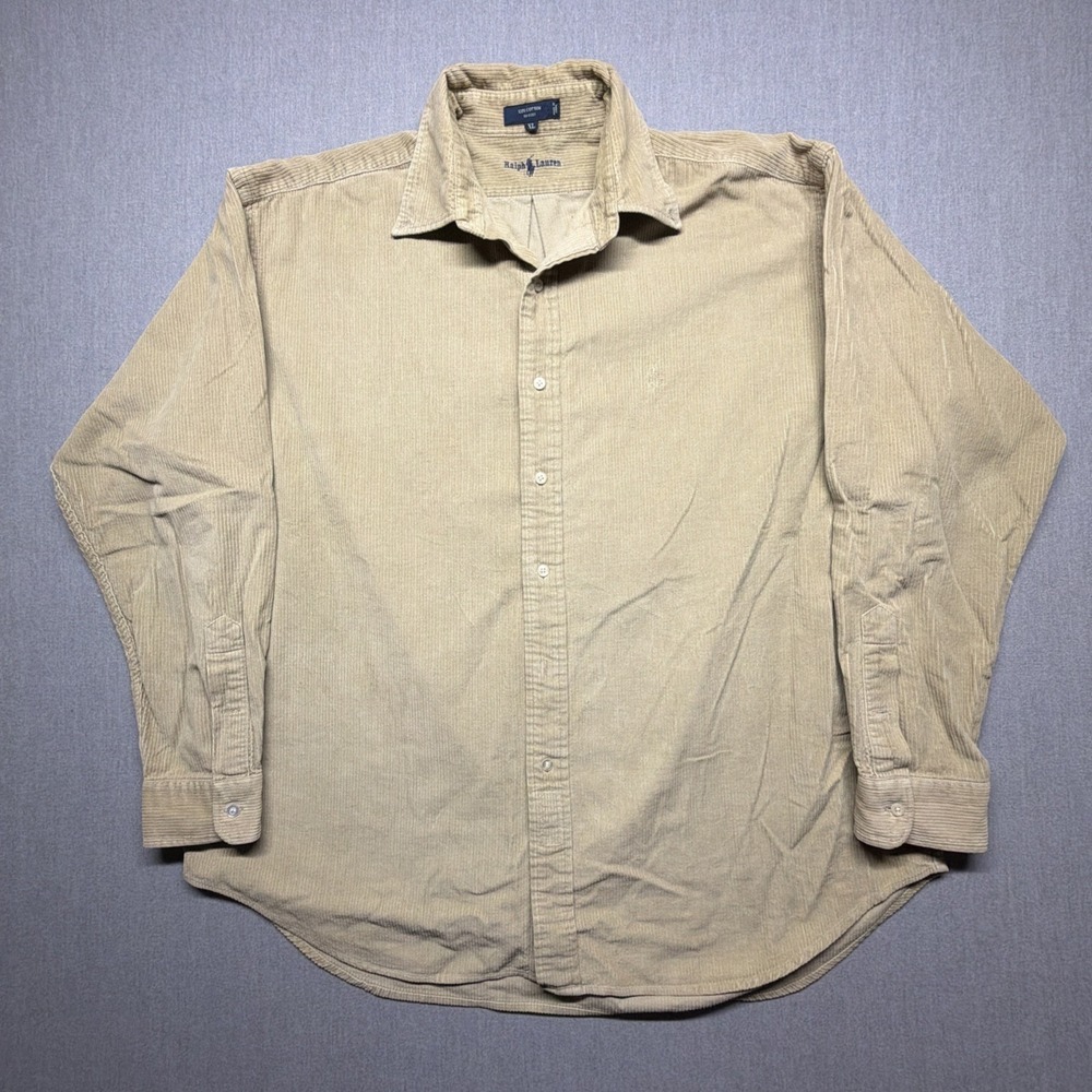 Ralph Lauren Shirt Mens XL Tan Corduroy Cotton Button Down MISSING PONY‎